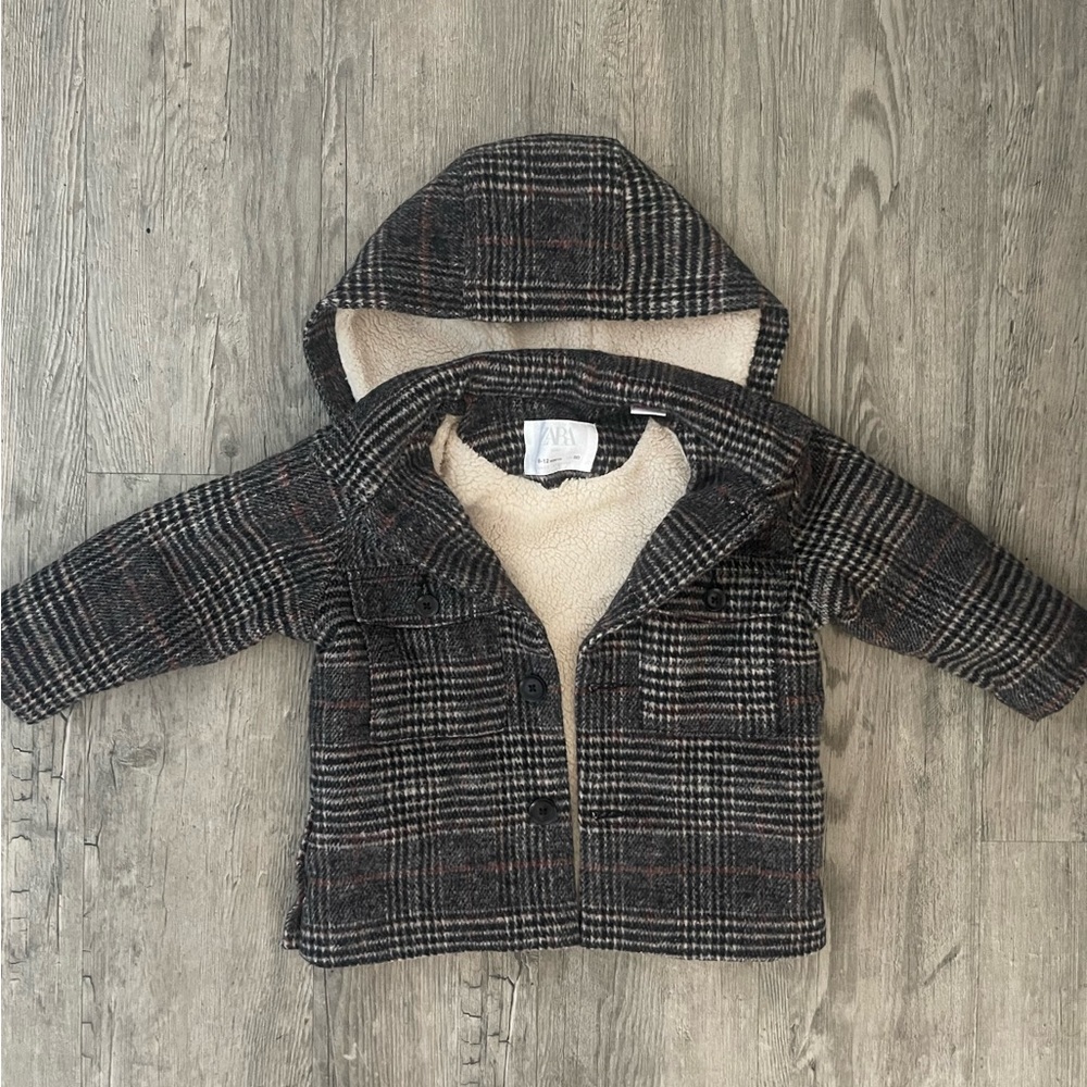 Zara sherpa hoodie plaid houndstooth coat jacket